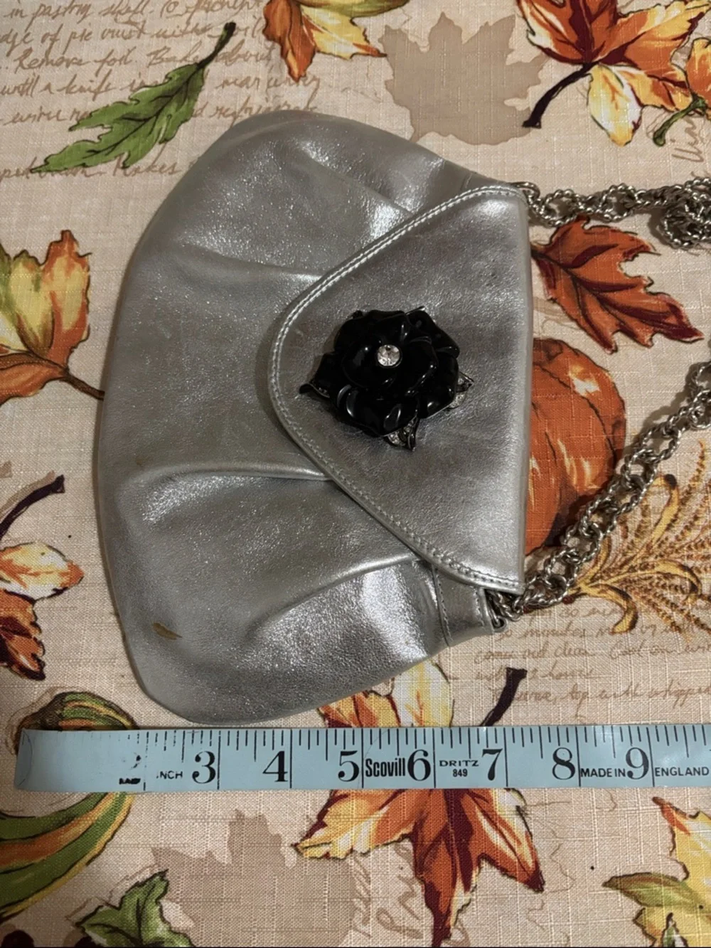 Metallic Silver Evening Shoulder Bag with Floral Accent